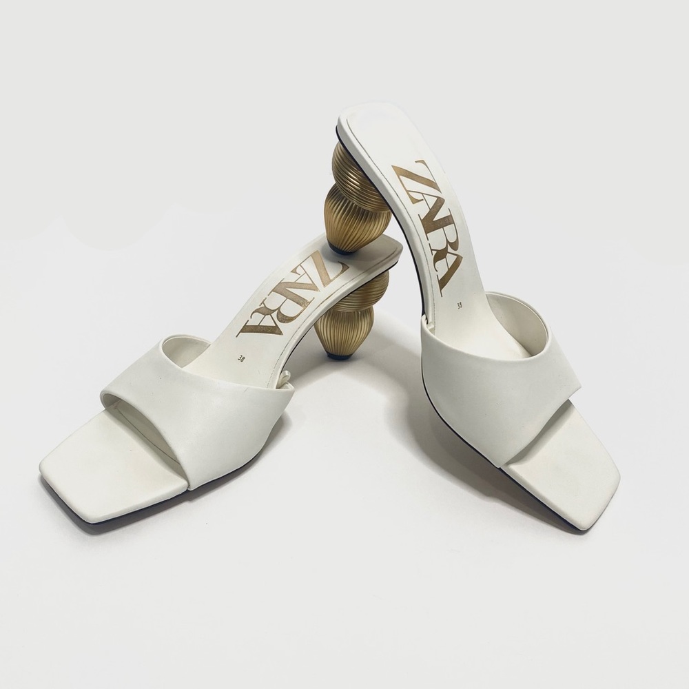 Zara White Mule with Gold Geometric Heel Size EUR 38 US 7.5